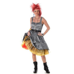 Pop Starlet Costume with layered dress, red wig, bangles, and earrings.