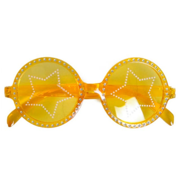 Glasses popstar star, yellow round frame with yellow tint lenses and white star shape on lenses.
