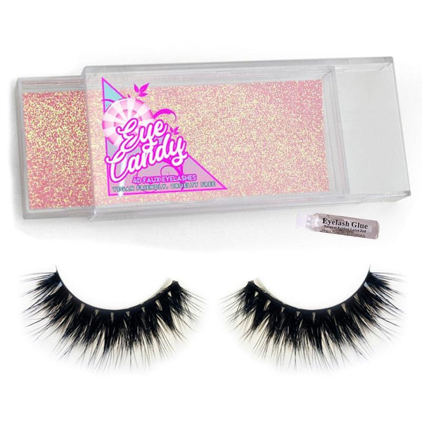 Queen Eye Candy 4D Faux Lashes with eyelash glue for glamour makeup, cosplay, drag and festival looks.