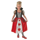 Child's Queen of Hearts costume with satin dress, puff sleeves, and crown