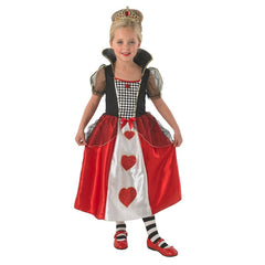 Child's Queen of Hearts costume with satin dress, puff sleeves, and crown