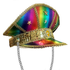 Rainbow Festival Visor, gold stretch sequin band, with decorative chin chain