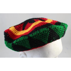 Rasta hat with elastic in band, crochet look in primary colours.