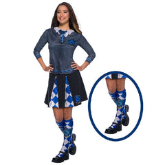 Blue and bronze Ravenclaw Harry Potter socks with eagle crest, knee-high length