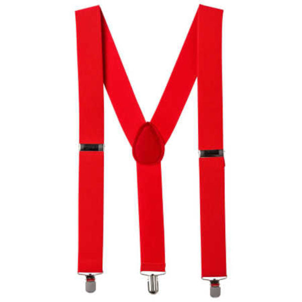 Adjustable red adult braces costume suspenders for 1920s gangsters, 1950s rock and roll, circus costumes and Book Week.