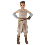 Child wearing an officially licensed Rey Deluxe Star Wars costume with tunic, gauntlets and belt for Book Week, May the 4th and Halloween.