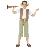 Child wearing a Roald Dahl The BFG costume with green trousers, waistcoat and giant ears for Book Week
