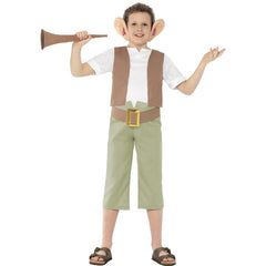 Child wearing a Roald Dahl The BFG costume with green trousers, waistcoat and giant ears for Book Week
