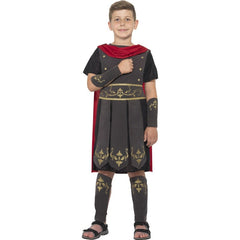 Boys Roman soldier costume with tunic, cape, cuffs, and shin guards