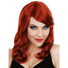 Scarlett red wig with side fringe and soft waves in auburn red
