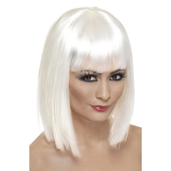 Short white bob wig with blunt fringe, ideal for angel or ghost costumes