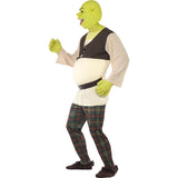 Side view of the Shrek Adult Costume, featuring a cream long sleeve top with a brown short vest, plaid trousers, and the signature green Shrek mask and hands, capturing the beloved character's iconic look.