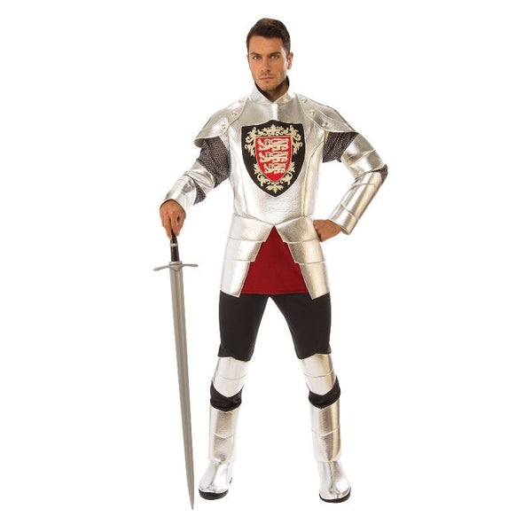Silver knight costume for adult, tunic with printed shield on chest, mock undershirt.