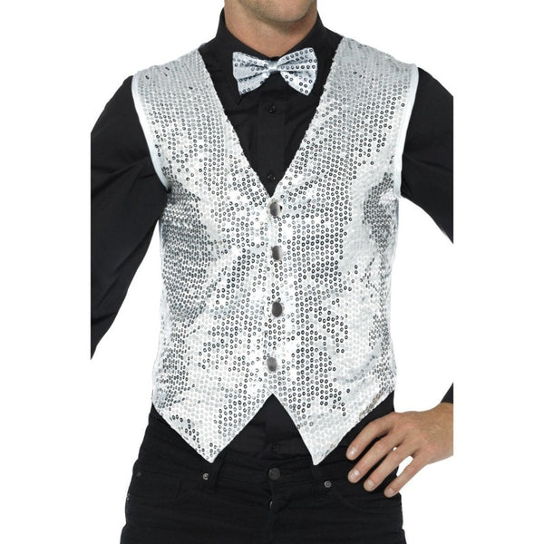 Silver Sequin Vest. This vest has sequins on the front with satin back.