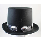 Slash style top hat, is oversized with silver accents on band.