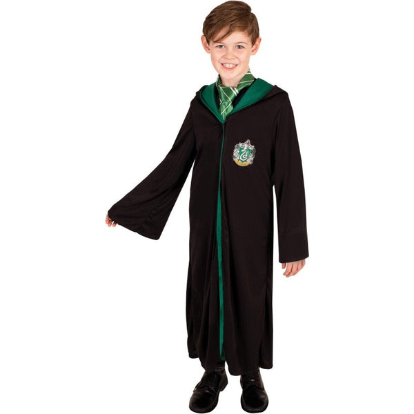 slytherin robe for child in black with green trim, hood and emblem.