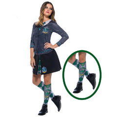 Green and silver Slytherin knee-high socks with printed house emblem, officially licensed Harry Potter product