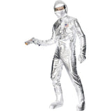 Adult Spaceman costume with silver jumpsuit, hood, gloves, and boot covers