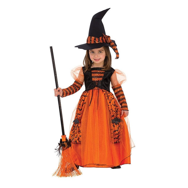 Sparkle Witch Costume-Child, long black and orange dress, sequin trim.