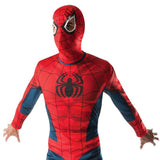 Spider-Man adult costume with printed jumpsuit and snood with large opening to see out of.
