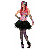 Adult Sugar Max 80s costume dress with neon corset bodice and lace ruched skirt – perfect for retro parties

