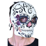 Black and White Sugar Skull Mask, full face mask, white base with black DOD design, ties with ribbons.