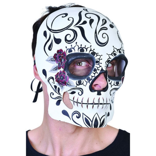Black and White Sugar Skull Mask, full face mask, white base with black DOD design, ties with ribbons.
