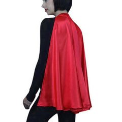 superhero cape, red, velcros at neck and sits behind back.