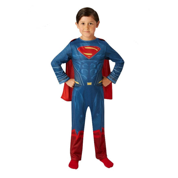 superman classic costume for child, printed jumpsuit with red cape.