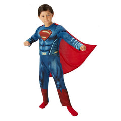 Child wearing an officially licensed Superman Deluxe costume with muscle chest and cape