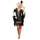 Swanky Flapper Ladies Costume featuring black and gold fringe dress with lace detail and matching headpiece.