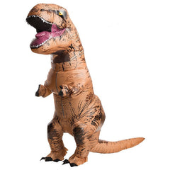 Adult inflatable T-Rex costume with claws, tail, and see-through neck panel
