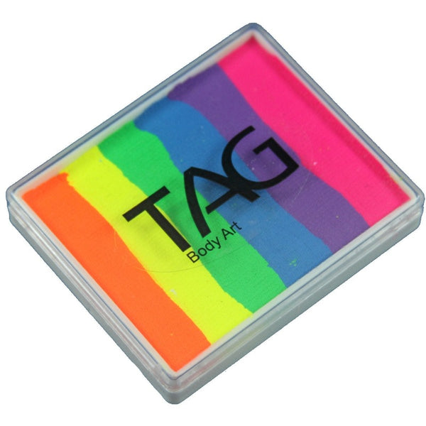 TAG Split Cake Neon face paint with orange, yellow, green, blue, violet and magenta UV colours
