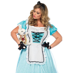Enchanted Alice to hire in plus size, knee length dress with net overlay, lacing at the bodice and attached apron, plus headband.