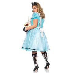 Enchanted Alice to hire in plus size, knee length dress with net overlay, lacing at the bodice and attached apron, plus headband.