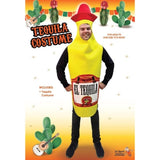 Tequila costume by dr toms, tunic with hood which is the bottle lid plus "El Tequila" print on chest.