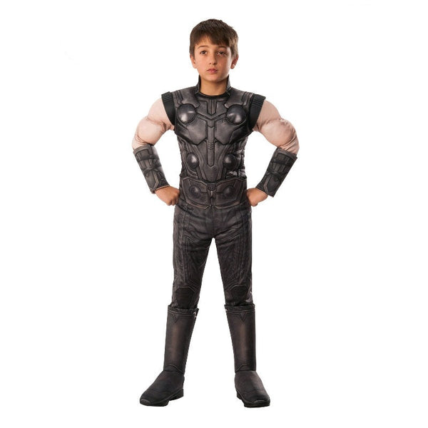 thor deluxe infinity war costume for child, jumpsuit digitally printed, fibre filled armour and gauntlets.