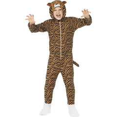 Tiger costume for children, jumpsuit in tiger print with attached hood and tail.