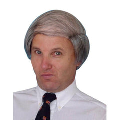 Tragic combover grey wig with balding scalp.