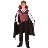 Vampire deluxe costume for child, shirt with mock vest, cape with high red collar.