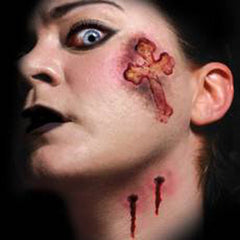 Tinsley Vampires Kiss temporary tattoo with vampire bite marks and gothic cross