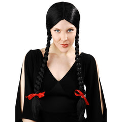 Wednesday black plaits wig with red bows, long.