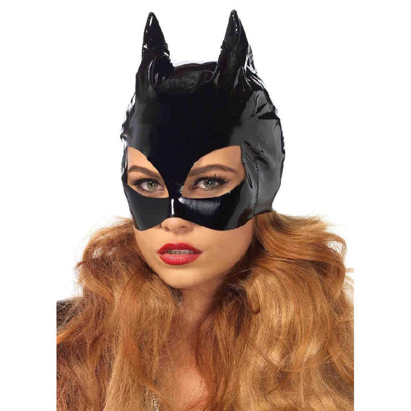 Wet look vinyl cat mask with pointed ears and sleek finish – front view