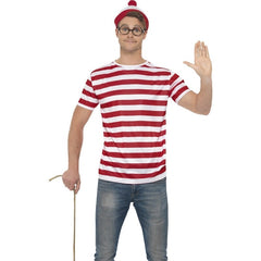Adult Where's Wally costume kit with striped shirt, bobble hat, and glasses – ideal for Book Week and 80s or 90s parties