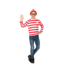 Child wearing an officially licensed Where's Wally instant kit with striped shirt, hat and glasses for Book Week