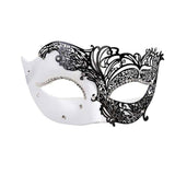 White and black filigree masquerade eye mask with clear diamantes and ribbon ties – adult costume accessory