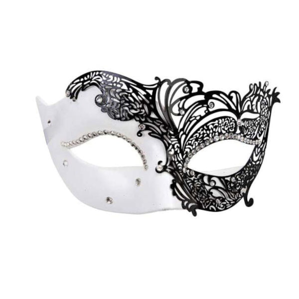 White and black filigree masquerade eye mask with clear diamantes and ribbon ties – adult costume accessory