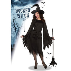Wicked Witch Ladies Halloween Costume - Dr Toms, knee length dress with long sleeves and jagged hemline.