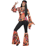 Willow the Hippie Costume with pink-orange top, flared pants, headscarf and medallion