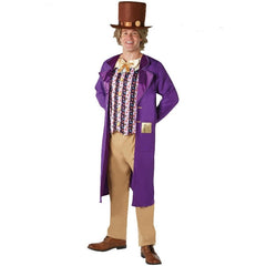 Adult Willy Wonka costume with purple jacket, yellow bow tie, and brown top hat